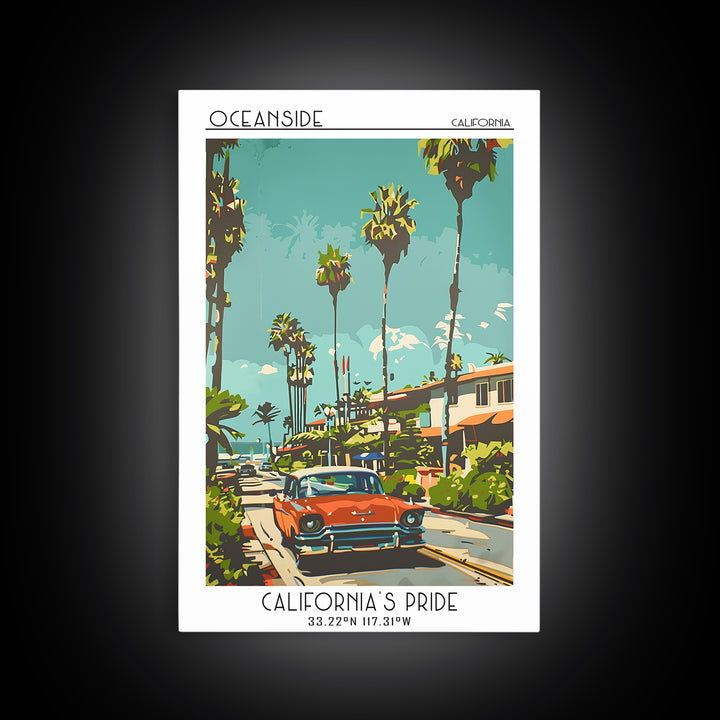 Oceanside Travel Poster, Framed Canvas Print, Travel Prints, Landscape Art, Wanderlust Gift, Mid Century Wall Art, Minimalist Poster