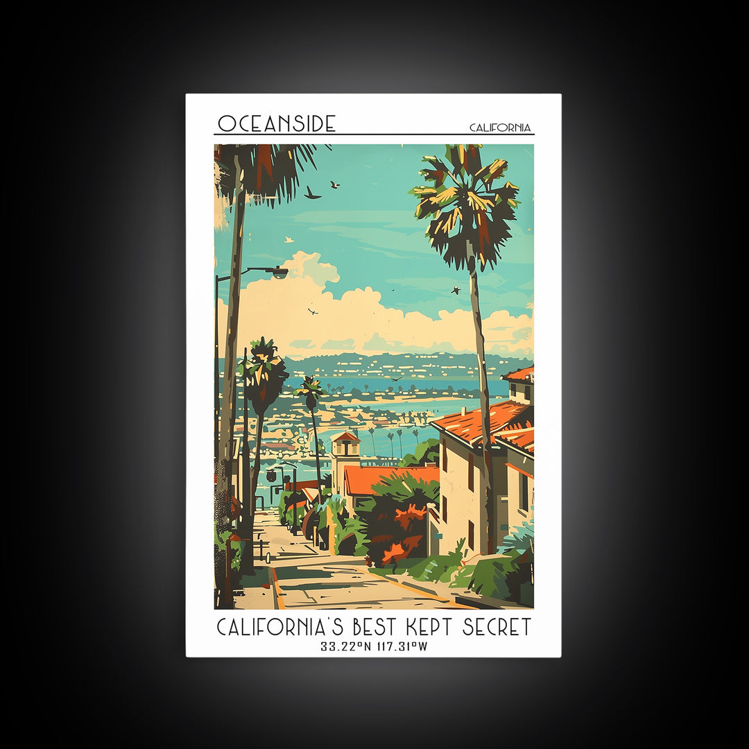 Oceanside California Travel Poster, Framed Canvas Print, Retro Travel Poster, City Wall Art, Home Decor, Landscape Art, Travel Decor