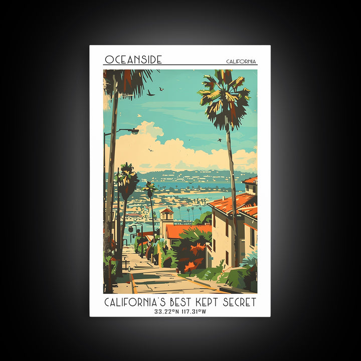 Oceanside California Travel Poster, Framed Canvas Print, Retro Travel Poster, City Wall Art, Home Decor, Landscape Art, Travel Decor