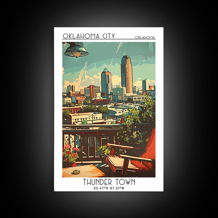 Oklahoma City Oklahoma Travel Poster, Framed Canvas Print, Travel Wall Art, City Wall Art, Watercolor Cityscape, Retro Travel Poster