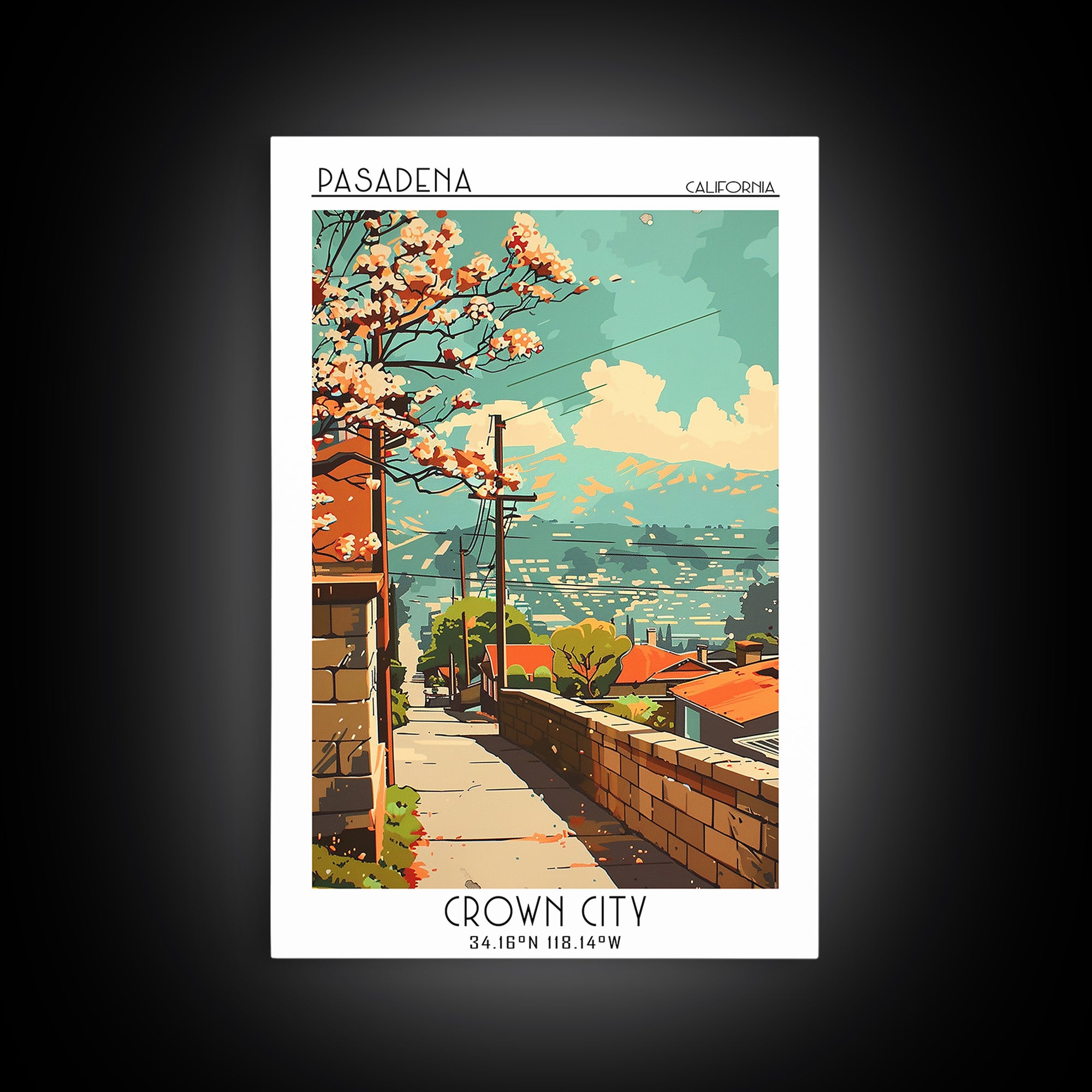 Pasadena California Travel Poster, Canvas Print, City Art Print, Travel Wall Art, Mid Century Wall Art, Art Print, Home Office Decor