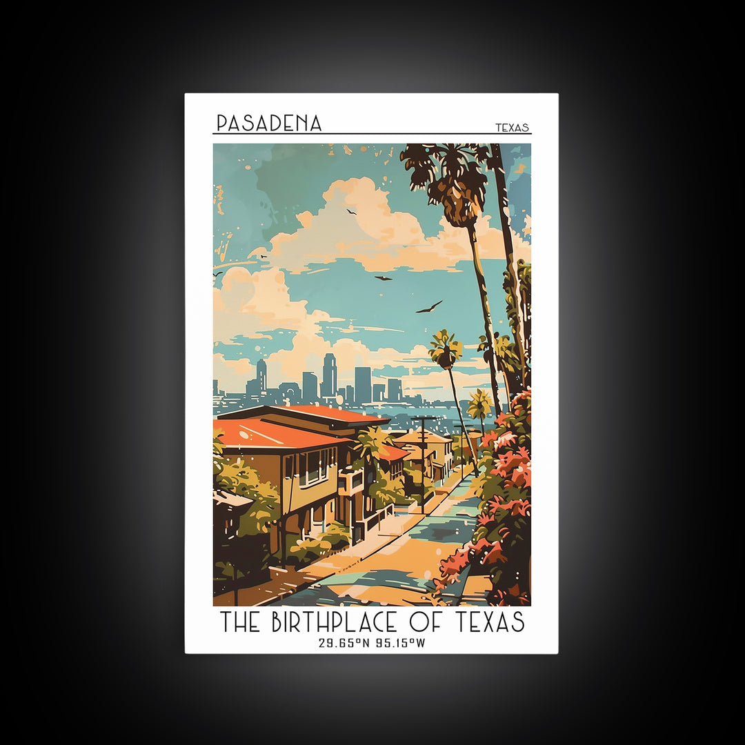 Pasadena Texas Travel Poster, Canvas Print, Retro Travel Poster, City Wall Art, Retro Travel Print, Home Decor, Watercolor Cityscape