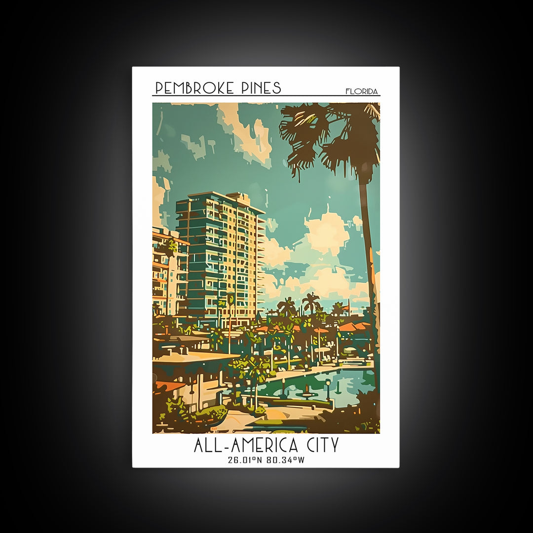Pembroke Pines Travel Poster, Framed Canvas Print, City Travel Poster, Vintage City Poster, Retro Travel Poster, Wall Art, Art Print