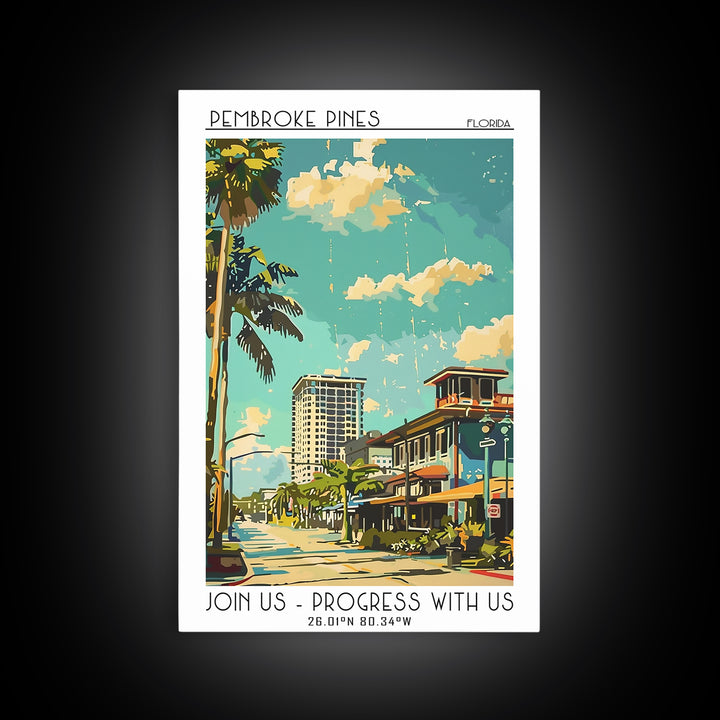 Pembroke Pines Florida Travel Poster, Framed Canvas Print, City Travel Poster, Travel Wall Art, Modern Wall Decor, City Illustration