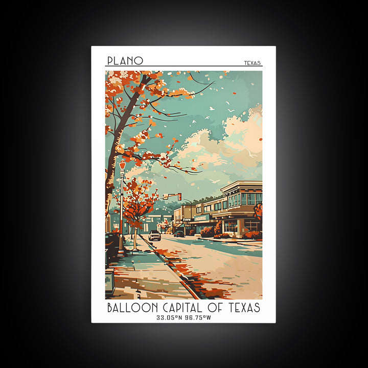 Plano Texas Travel Poster, Framed Canvas Print, Travel Prints, Landscape Art, Retro Travel Poster, Vintage Travel, City Illustration