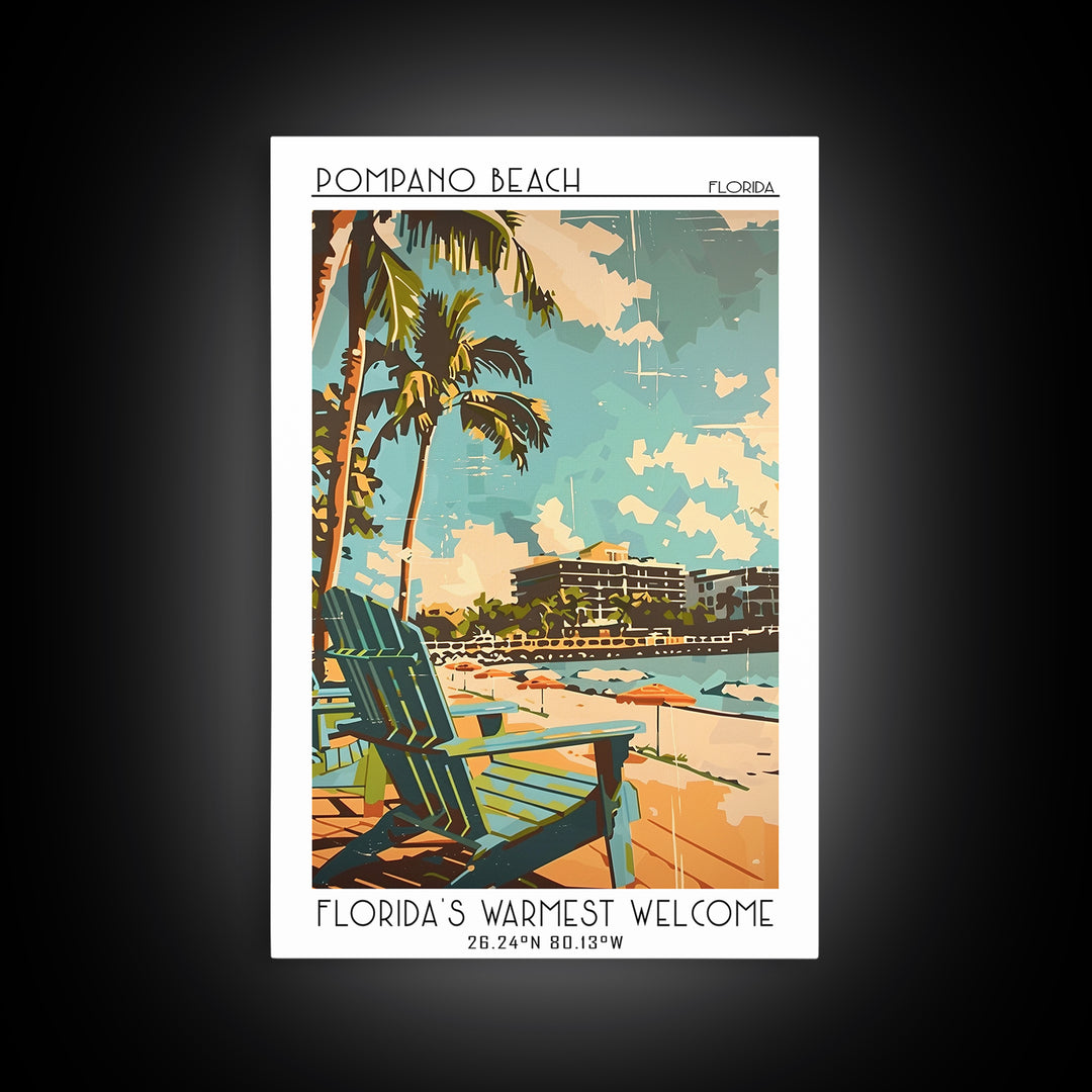 Pompano Beach Travel Poster, Framed Canvas Print, Retro Wall Art, Travel Print, City Illustration, Minimalist Poster, Vintage Travel
