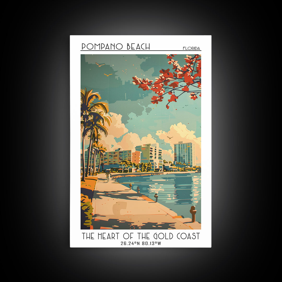 Pompano Beach Florida Travel Poster, Framed Canvas Print, City Travel Poster, Travel Wall Art, Vintage Travel Print, Vintage Posters