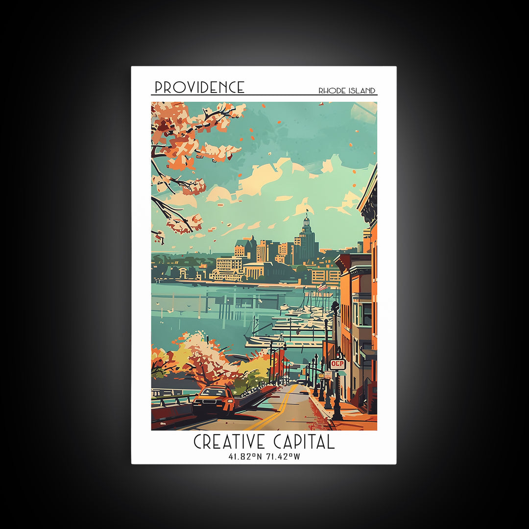 Providence Rhode Island Travel Poster, Framed Canvas Print, Retro Travel Poster, City Wall Art, Vintage City Poster, Wanderlust Gift