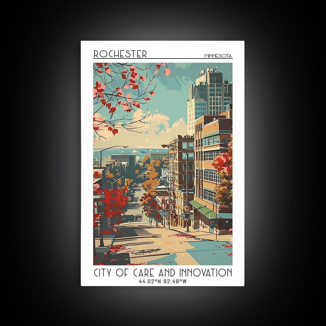 Rochester Minnesota Travel Poster, Framed Canvas Print, Retro Wall Art, Travel Print, Mid Century Wall Art, Fine Art Print, Wall Art