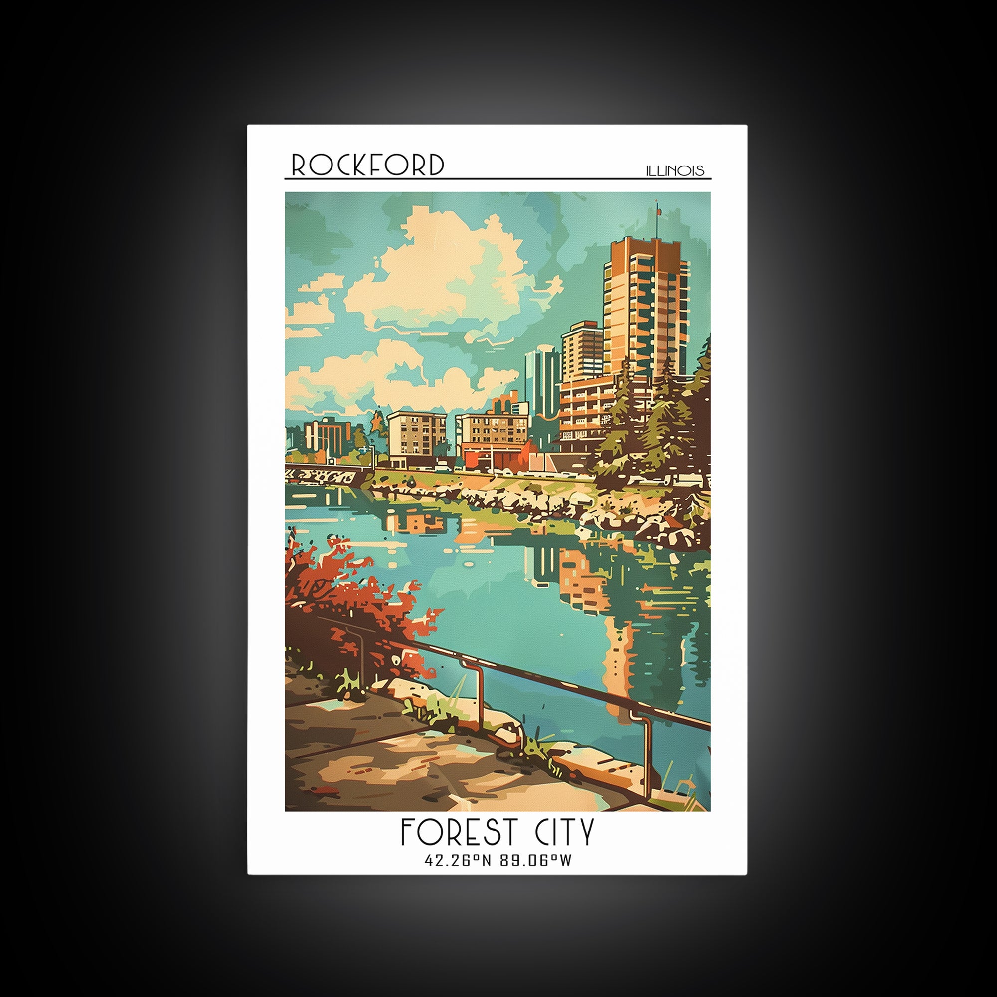 Rockford Travel Poster, Canvas Print, City Art Print, Travel Wall Art, Retro Travel Poster, Retro Travel Print, Watercolor Cityscape