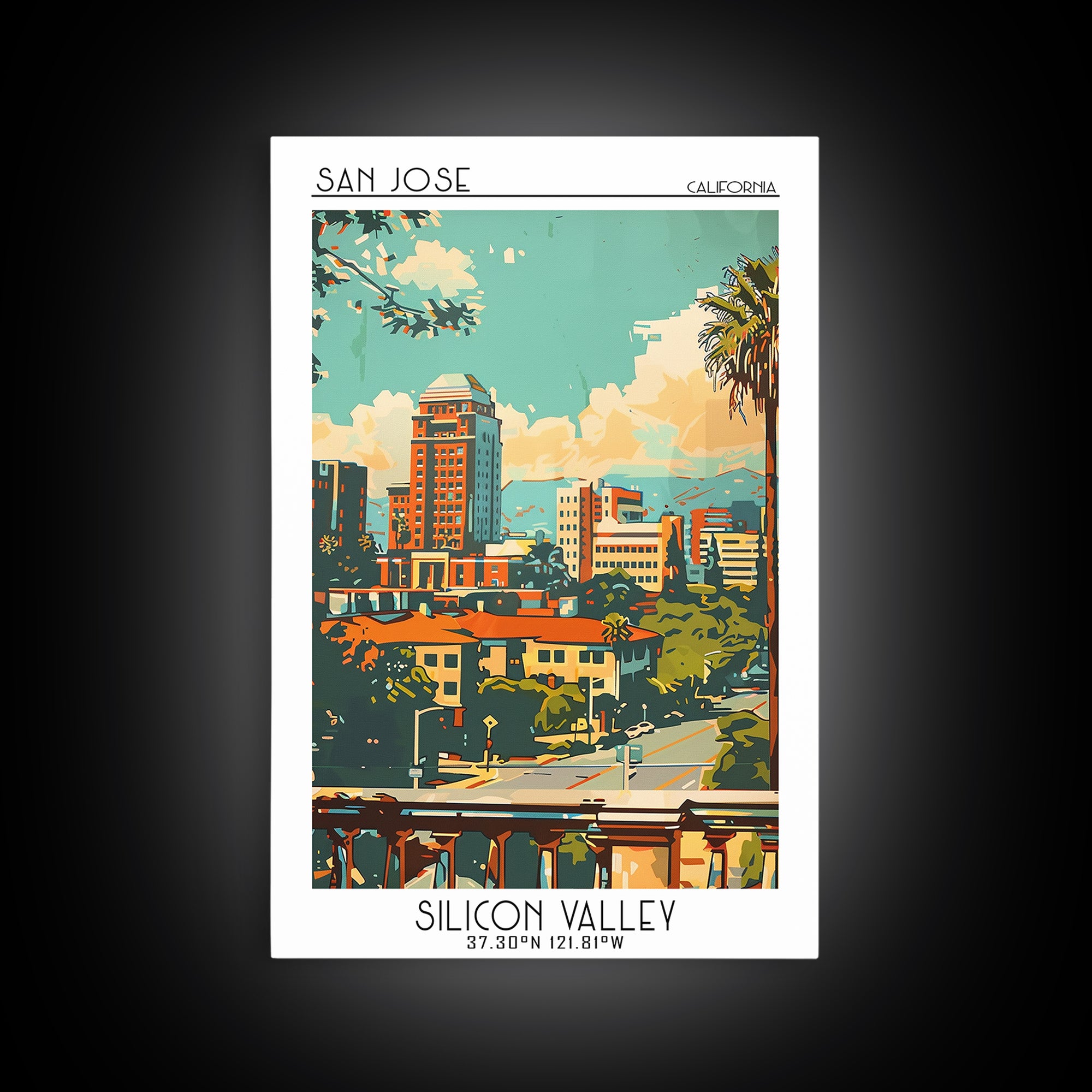 San Jose California Travel Poster, Framed Canvas Print, Travel Prints, Landscape Art, Vintage Travel Print, Wall Art, Retro Wall Art