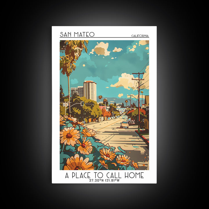 San Mateo Travel Poster, Canvas Print, Retro Travel Poster, City Wall Art, Travel Prints, Travel Decor, Home Office Decor, Art Print