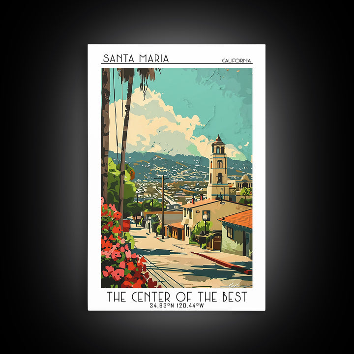 Santa Maria California Travel Poster, Canvas Print, Travel Wall Art, City Wall Art, Travel Posters, Watercolor Cityscape, Poster Art