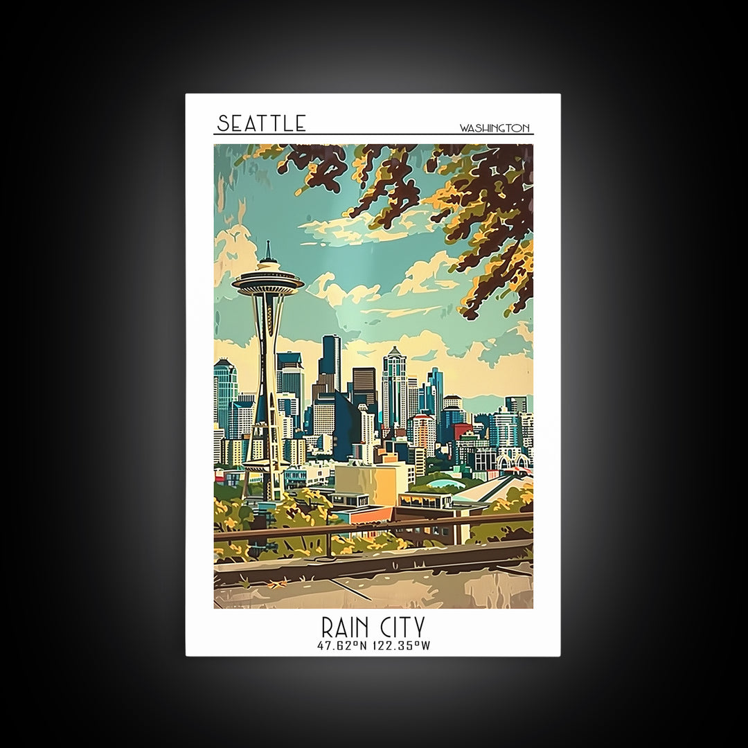 Seattle Washington Travel Poster, Canvas Print, City Travel Poster, Travel Wall Art, Retro Wall Art, Colorful Wall Art, Travel Decor