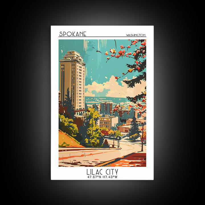 Spokane Washington Travel Poster, Framed Canvas Print, Travel Prints, Landscape Art, Travel Art Print, Wanderlust Gift, Travel Print