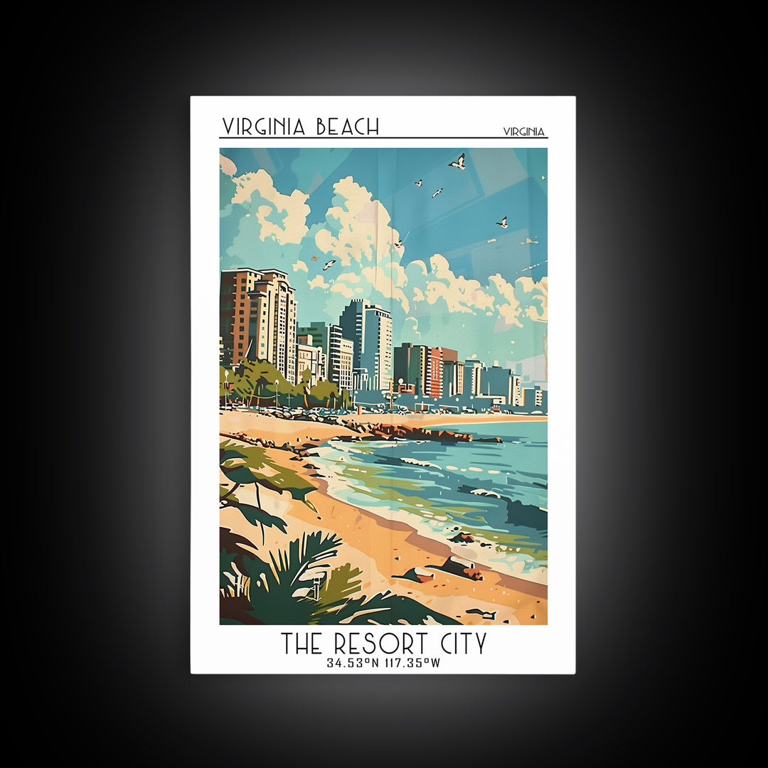 Virginia Beach Travel Poster, Framed Canvas Print, Travel Prints, Landscape Art, Wall Art, Home Decor, Travel Wall Art, Travel Print