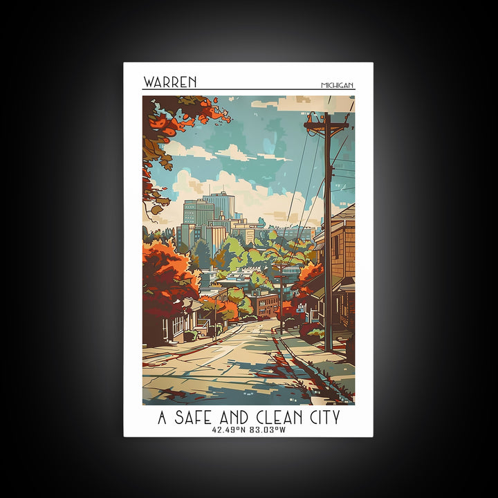 Warren Michigan Travel Poster, Framed Canvas Print, Vintage Travel Print, City Wall Art, Poster Print, Retro Travel Poster, Wall Art