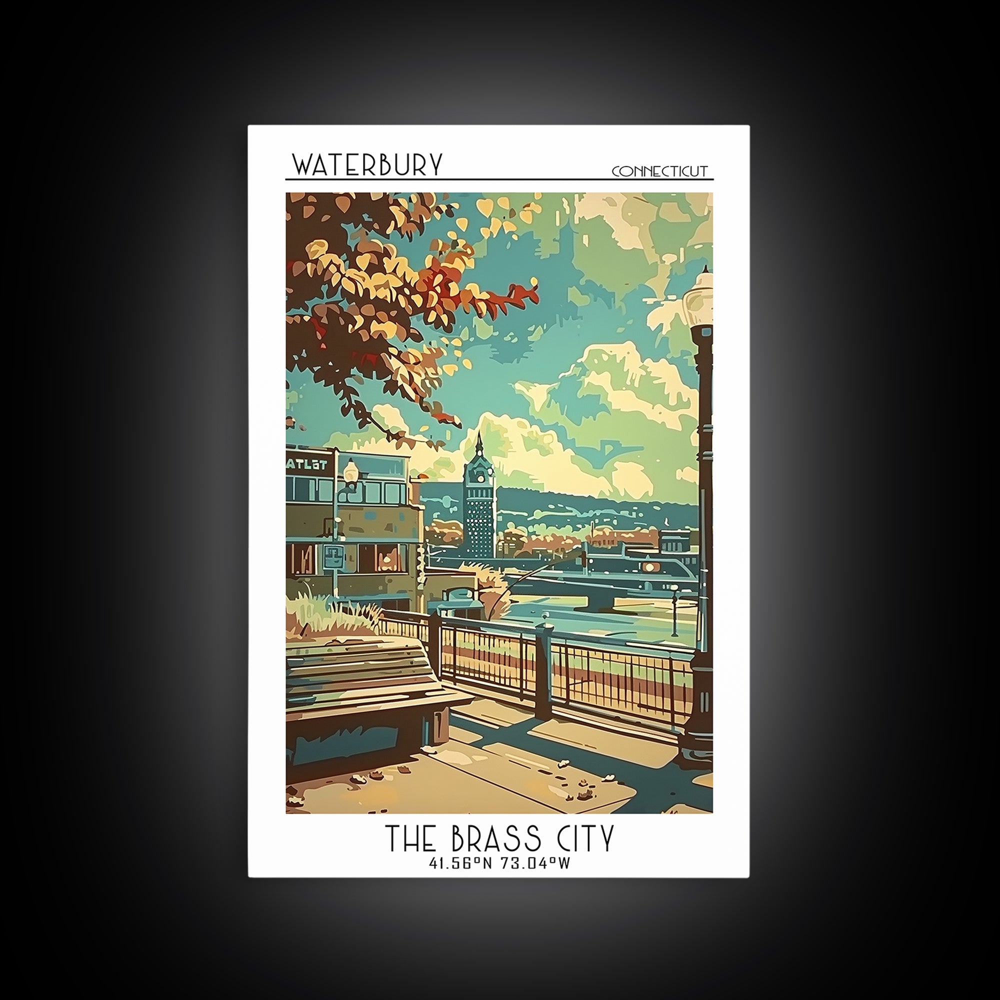 Waterbury Travel Poster, Framed Canvas Print, City Art Print, Travel Wall Art, Travel Art Print, Watercolor Cityscape, Landscape Art