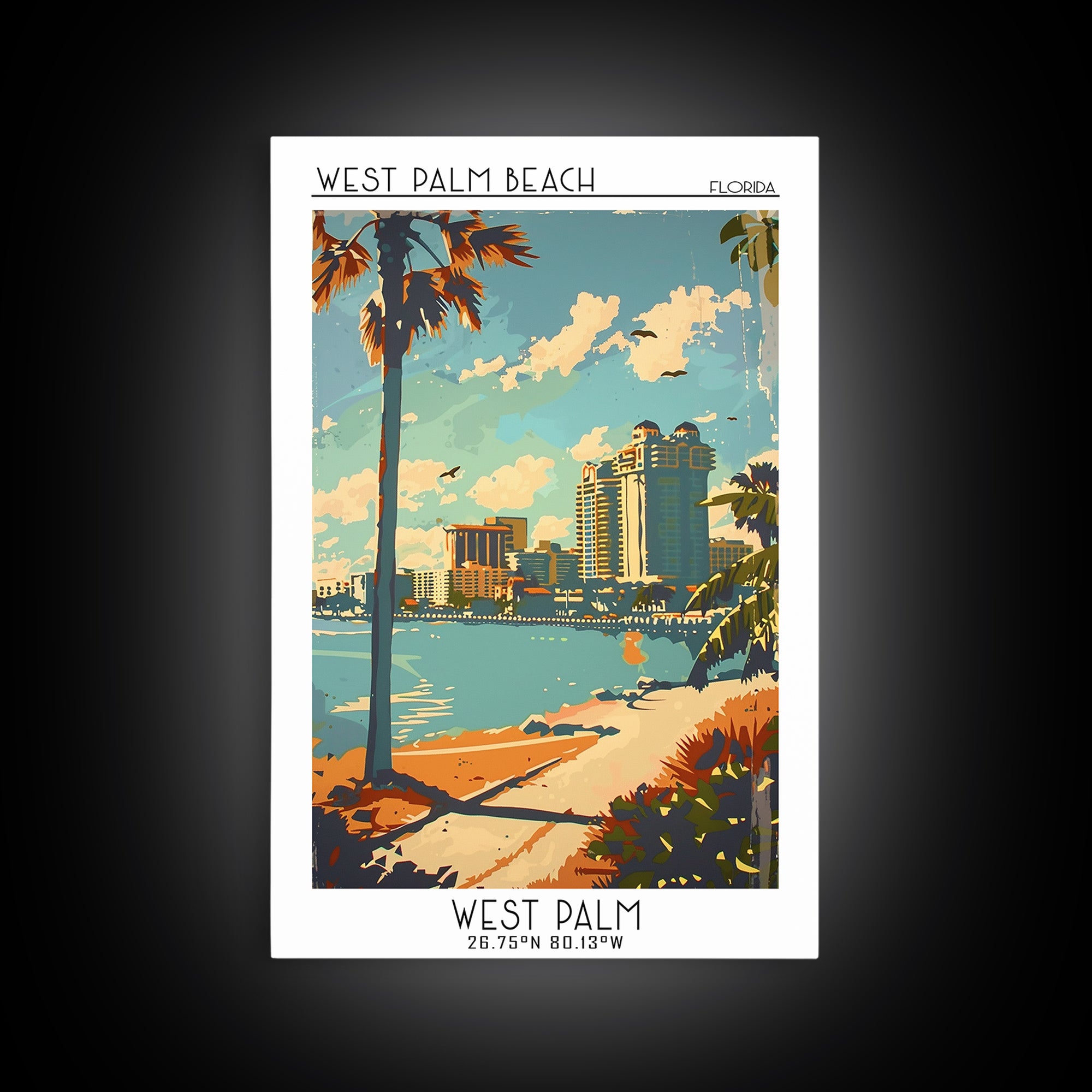 West Palm Beach Florida Travel Poster, Framed Canvas Print, City Travel Poster, Travel Wall Decor, Modern Wall Decor, Retro Wall Art