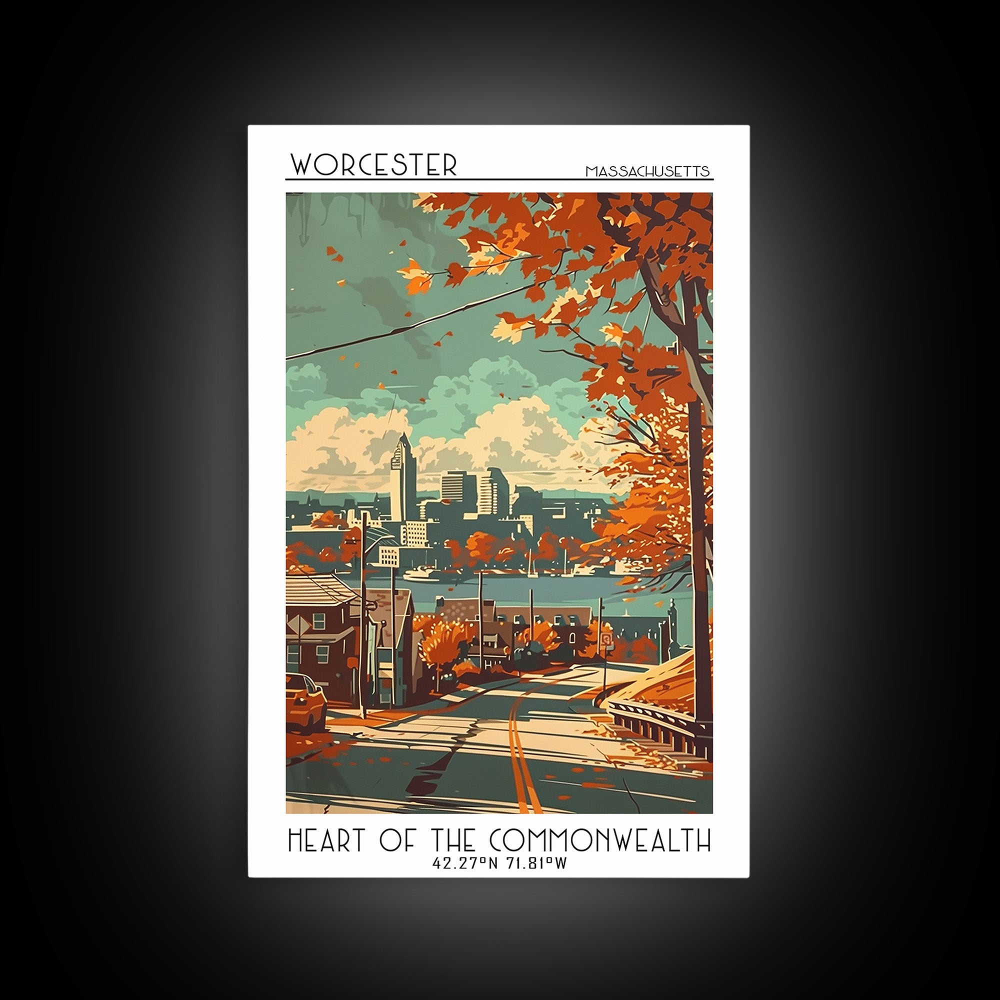 Worcester Massachusetts Travel Poster, Framed Canvas Print, Travel Prints, Landscape Art, Watercolor Cityscape, Mid Century Wall Art