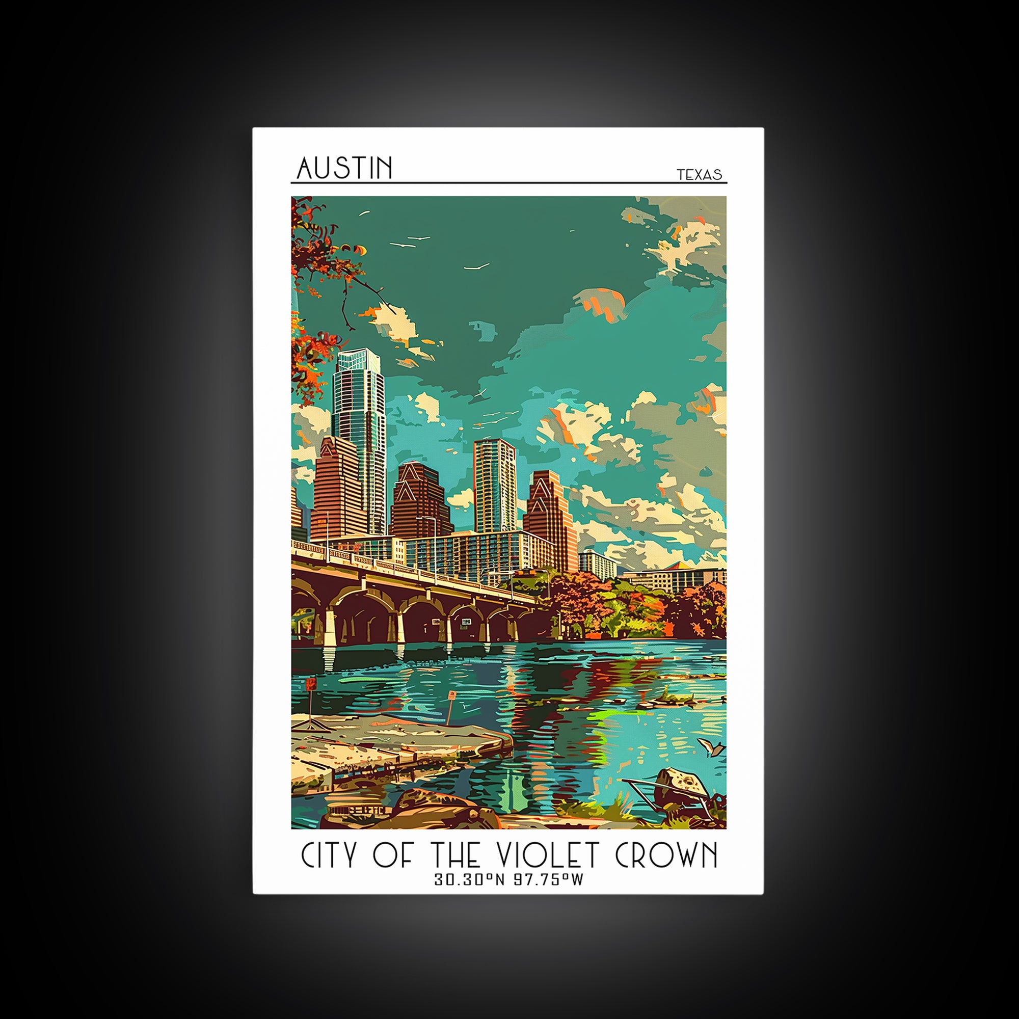 Austin Travel Poster, Framed Canvas Print, Travel Prints, Landscape Art, Travel Art Print, Home Office Decor, Wall Art, Travel Decor