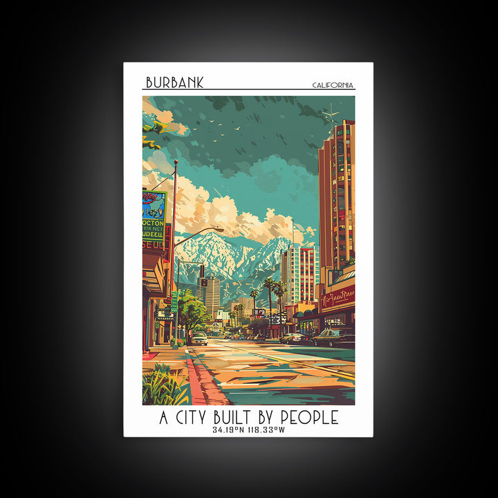 Burbank Travel Poster, Canvas Print, Retro Wall Art, Travel Print, Colorful Wall Art, City Illustration, Poster Print, Travel Prints
