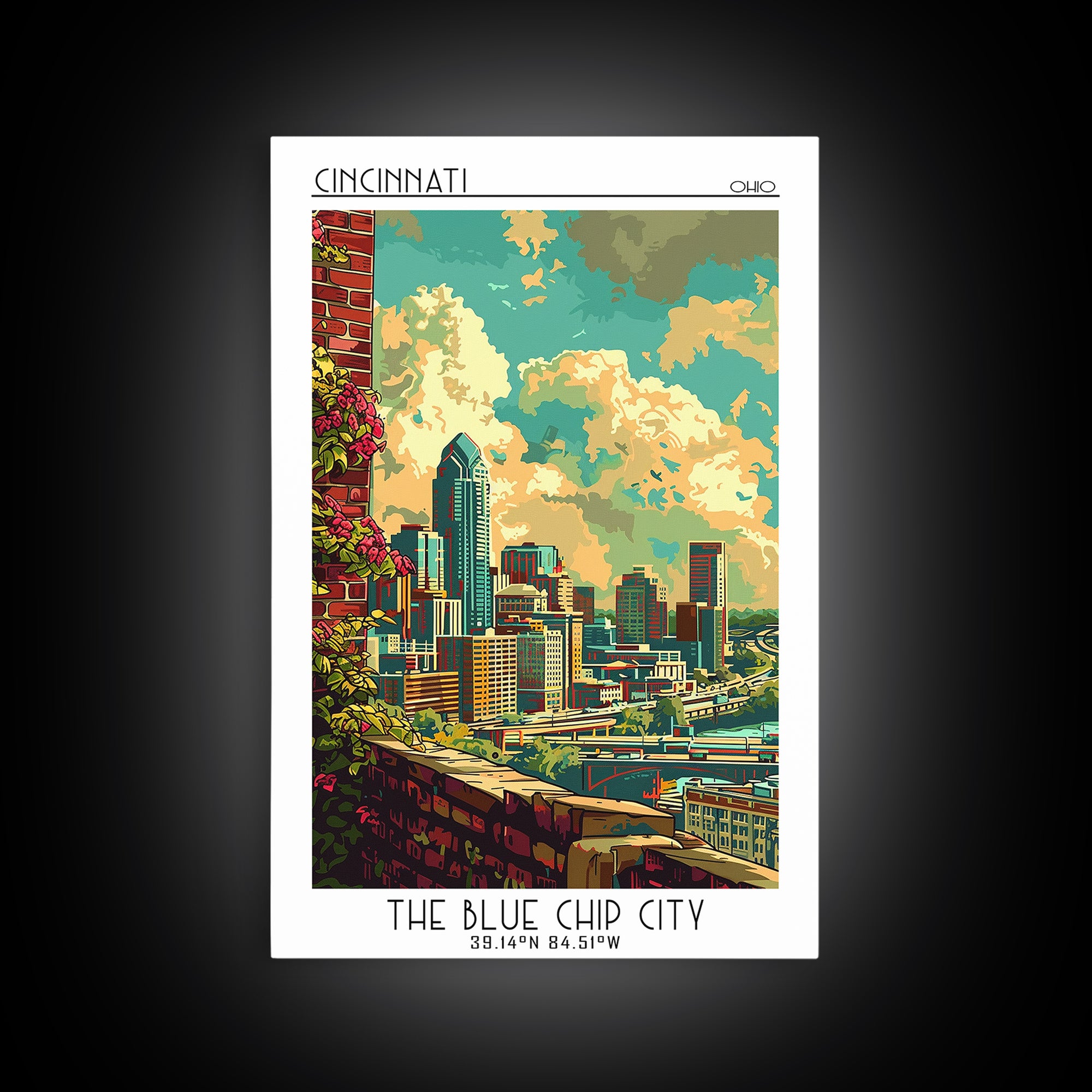 Cincinnati Travel Poster, Canvas Print, Retro Travel Poster, City Wall Art, Mid Century Wall Art, Travel Print, Watercolor Cityscape
