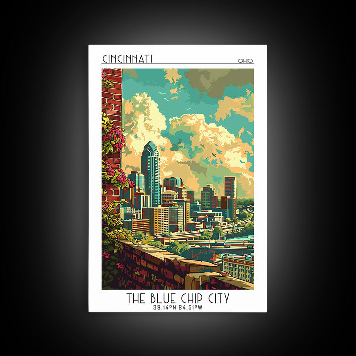 Cincinnati Travel Poster, Canvas Print, Retro Travel Poster, City Wall Art, Mid Century Wall Art, Travel Print, Watercolor Cityscape