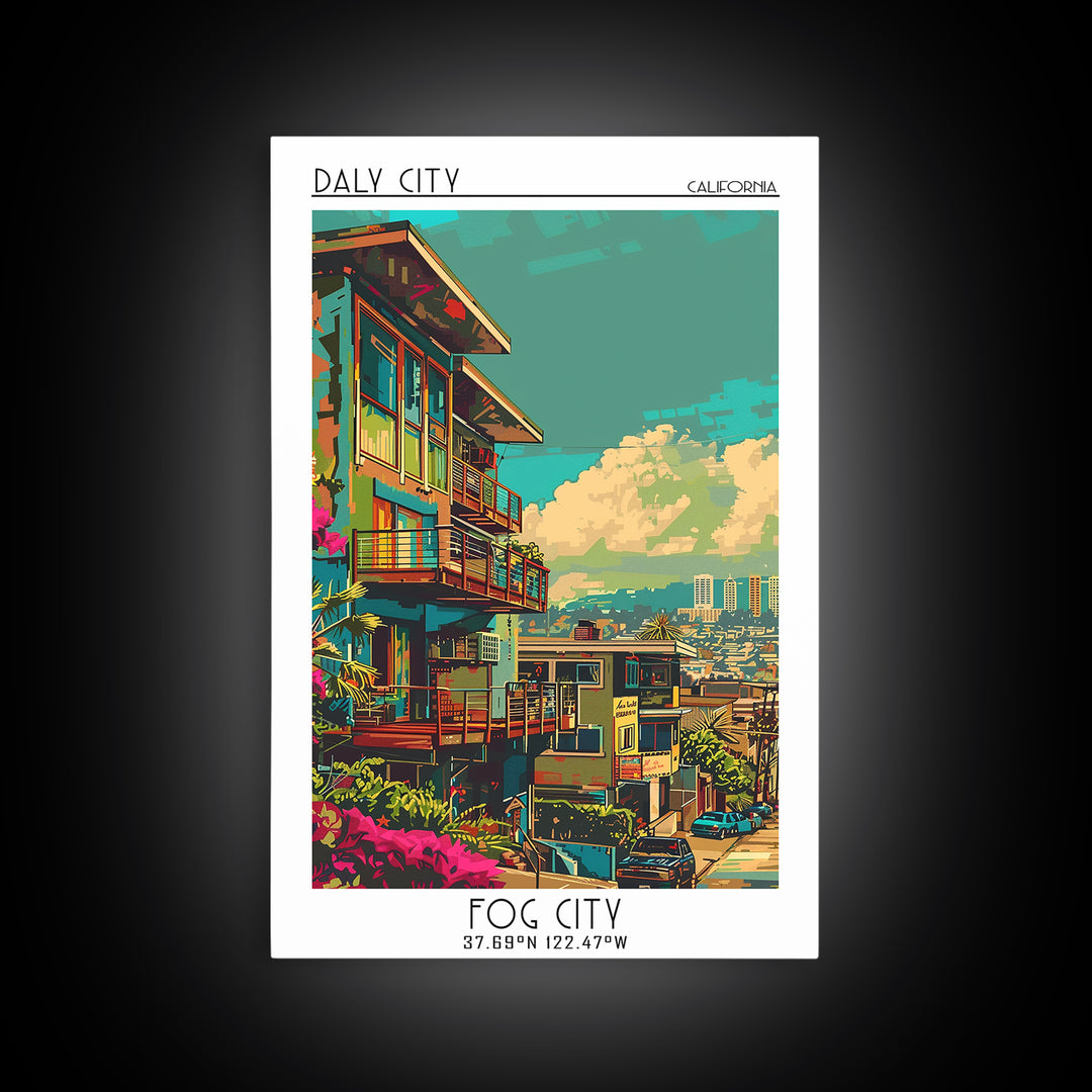 Daly City Travel Poster, Framed Canvas Print, Retro Wall Art, Travel Print, Living Room Wall Art, Vintage Travel, City Travel Poster