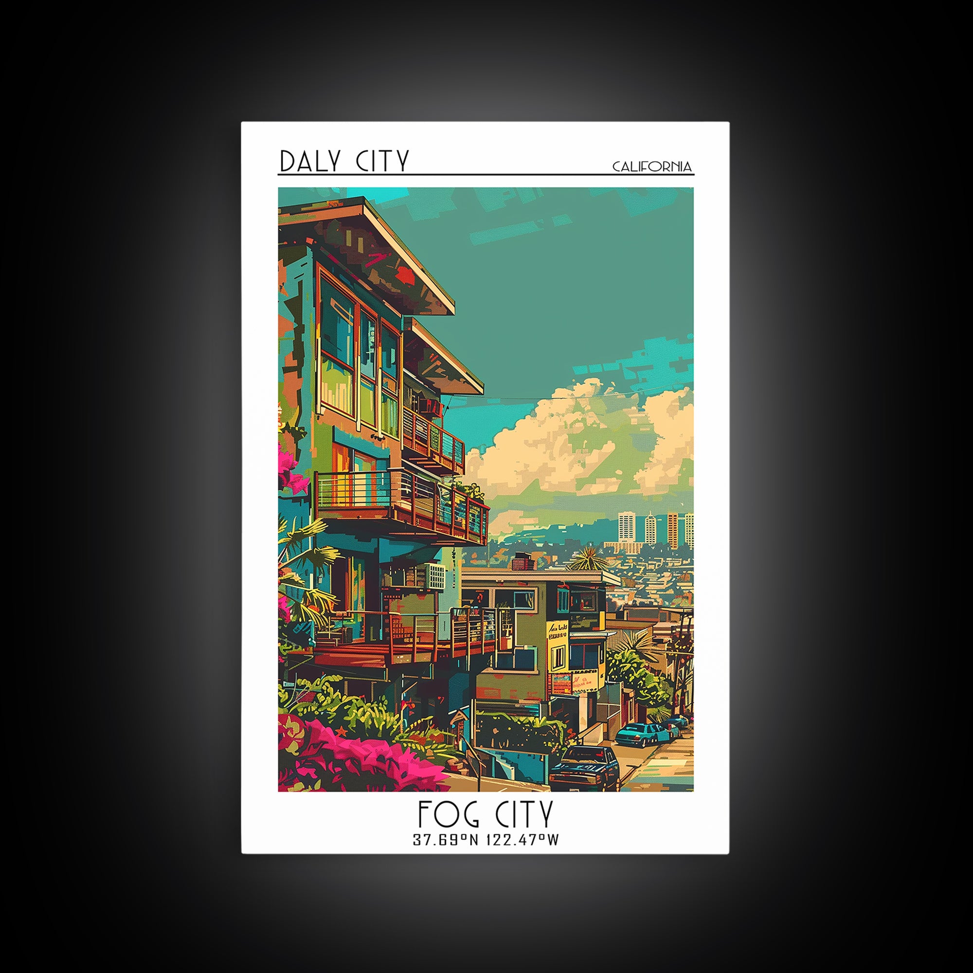 Daly City Travel Poster, Framed Canvas Print, Retro Wall Art, Travel Print, Living Room Wall Art, Vintage Travel, City Travel Poster