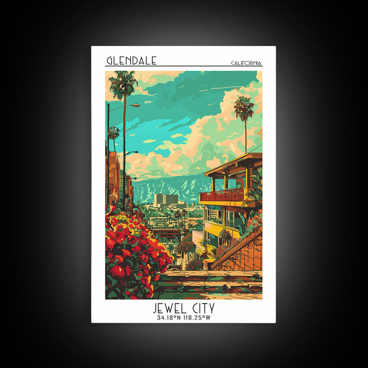 Glendale California Travel Poster, Framed Canvas Print, Travel Wall Decor, Minimalist Poster, Retro Travel Poster, City Illustration