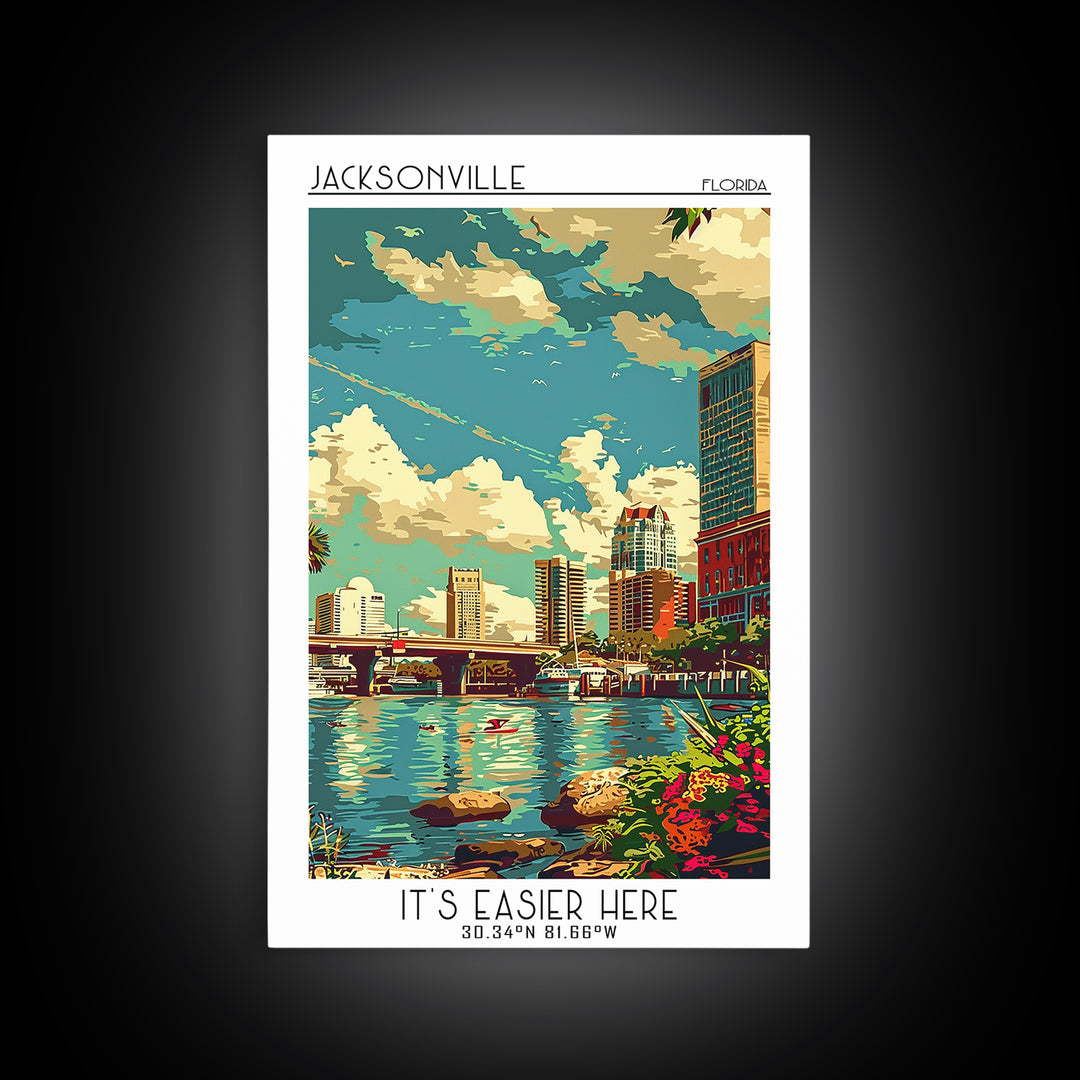 Jacksonville Travel Poster, Canvas Print, Poster Print, Travel Wall Art, Travel Decor, Travel Prints, Watercolor Cityscape, Wall Art