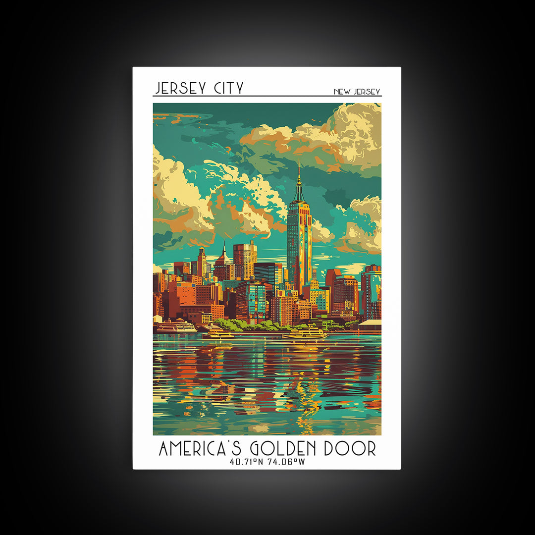 Jersey City Travel Poster, Framed Canvas Print, Retro Wall Art, Travel Print, Vintage Posters, Gallery Wall Set, Vintage City Poster
