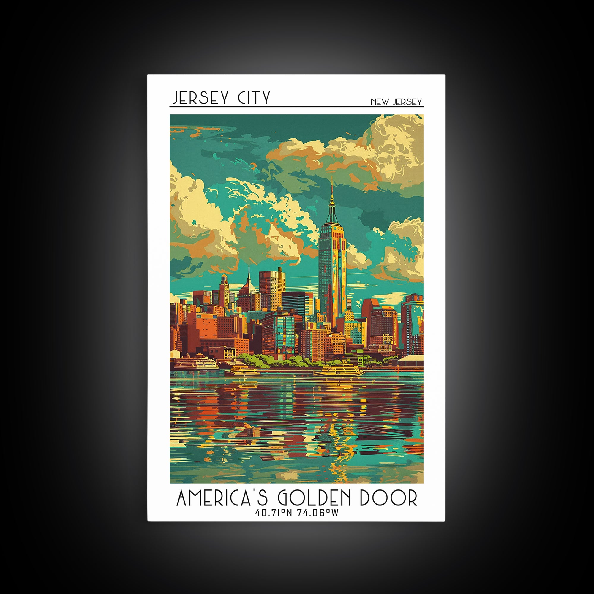 Jersey City Travel Poster, Framed Canvas Print, Retro Wall Art, Travel Print, Vintage Posters, Gallery Wall Set, Vintage City Poster