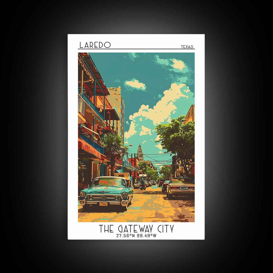 Laredo Travel Poster, Framed Canvas Print, City Art Print, Travel Wall Art, Wanderlust Gift, Home Office Decor, Watercolor Cityscape