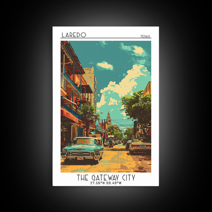 Laredo Travel Poster, Framed Canvas Print, City Art Print, Travel Wall Art, Wanderlust Gift, Home Office Decor, Watercolor Cityscape