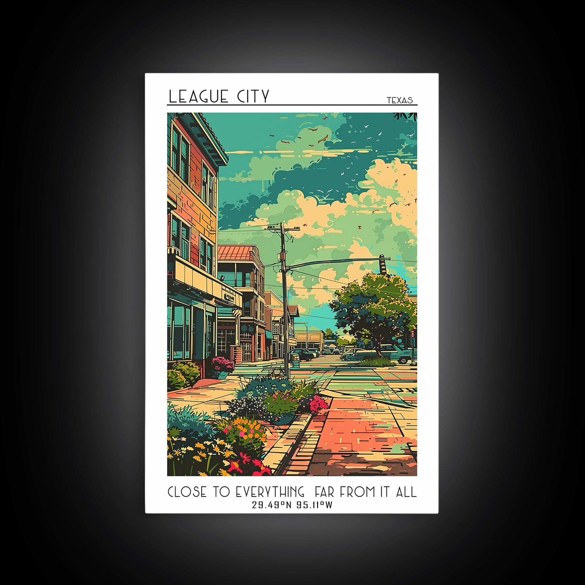 League City Travel Poster, Framed Canvas Print, City Art Print, Travel Wall Art, Landscape Art, Colorful Wall Art, City Illustration
