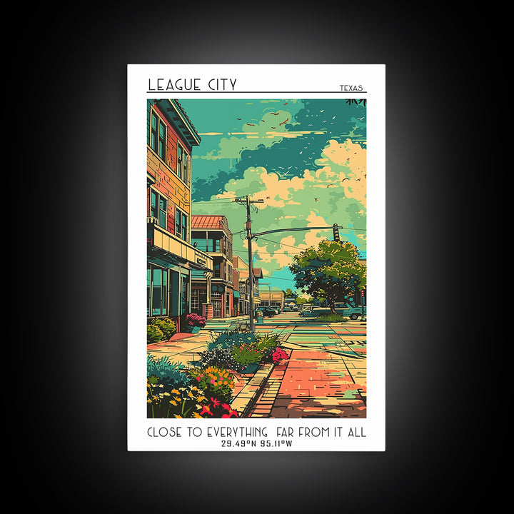 League City Travel Poster, Framed Canvas Print, City Art Print, Travel Wall Art, Landscape Art, Colorful Wall Art, City Illustration