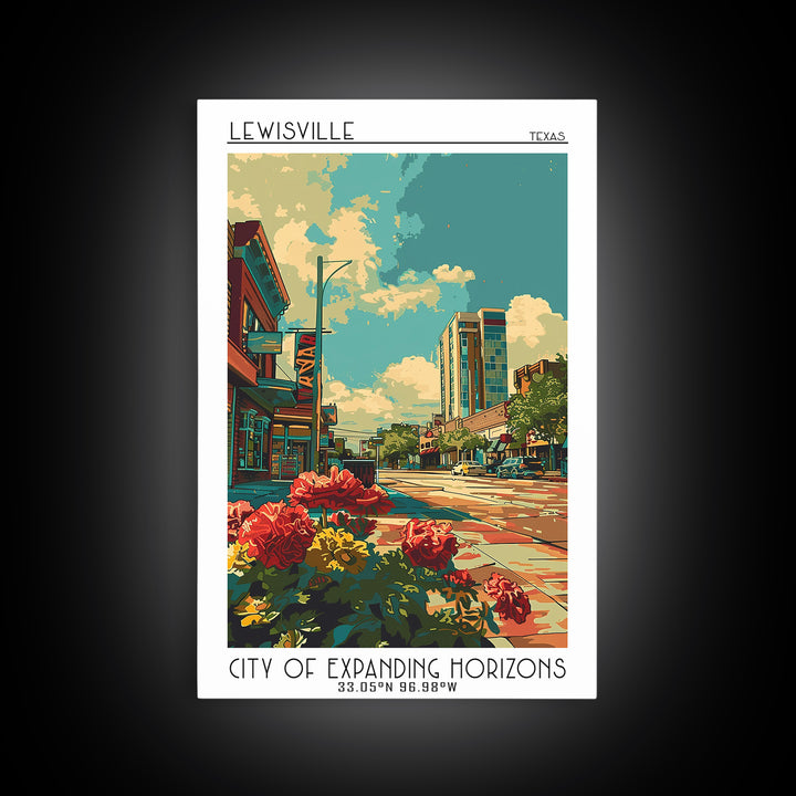 Lewisville Travel Poster, Framed Canvas Print, Travel Prints, Landscape Art, Retro Travel Poster, Poster Print, Watercolor Cityscape
