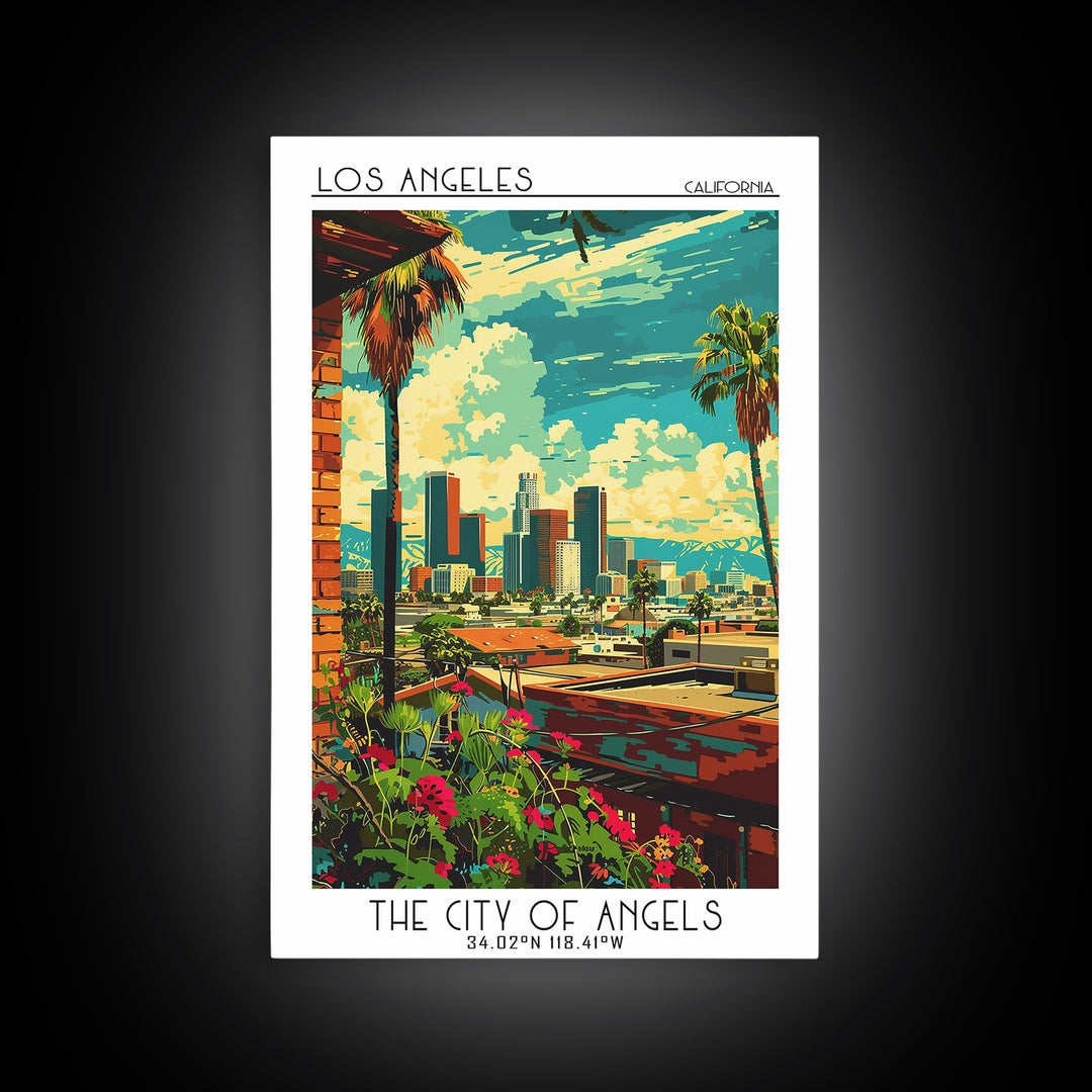 Los Angeles Travel Poster, Framed Canvas Print, Retro Wall Art, Travel Print, Wanderlust Gift, Vintage City Poster, Gallery Wall Set