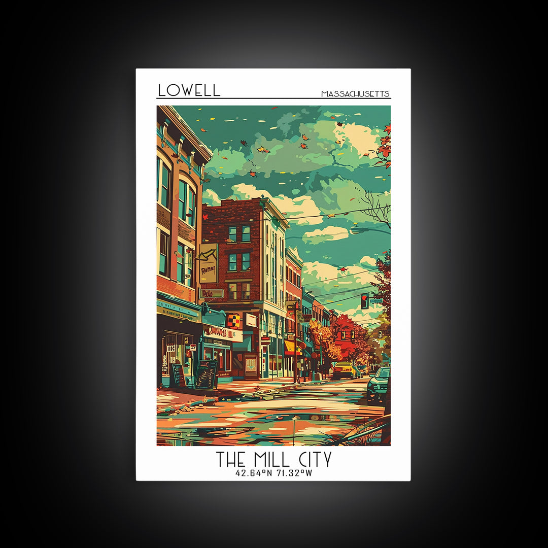 Lowell Travel Poster, Framed Canvas Print, Travel Art Print, Modern Wall Decor, Wall Art, Art Print, Travel Decor, Home Office Decor