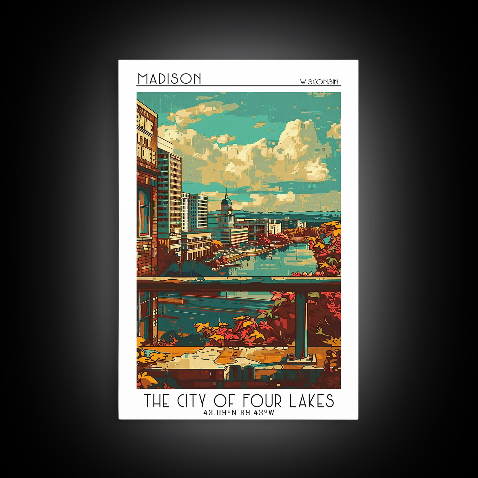 Madison Travel Poster, Framed Canvas Print, Retro Travel Poster, City Wall Art, Home Office Decor, Fine Art Print, Colorful Wall Art