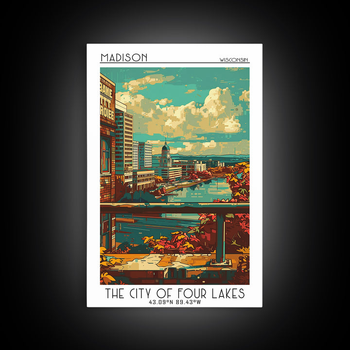 Madison Travel Poster, Framed Canvas Print, Retro Travel Poster, City Wall Art, Home Office Decor, Fine Art Print, Colorful Wall Art