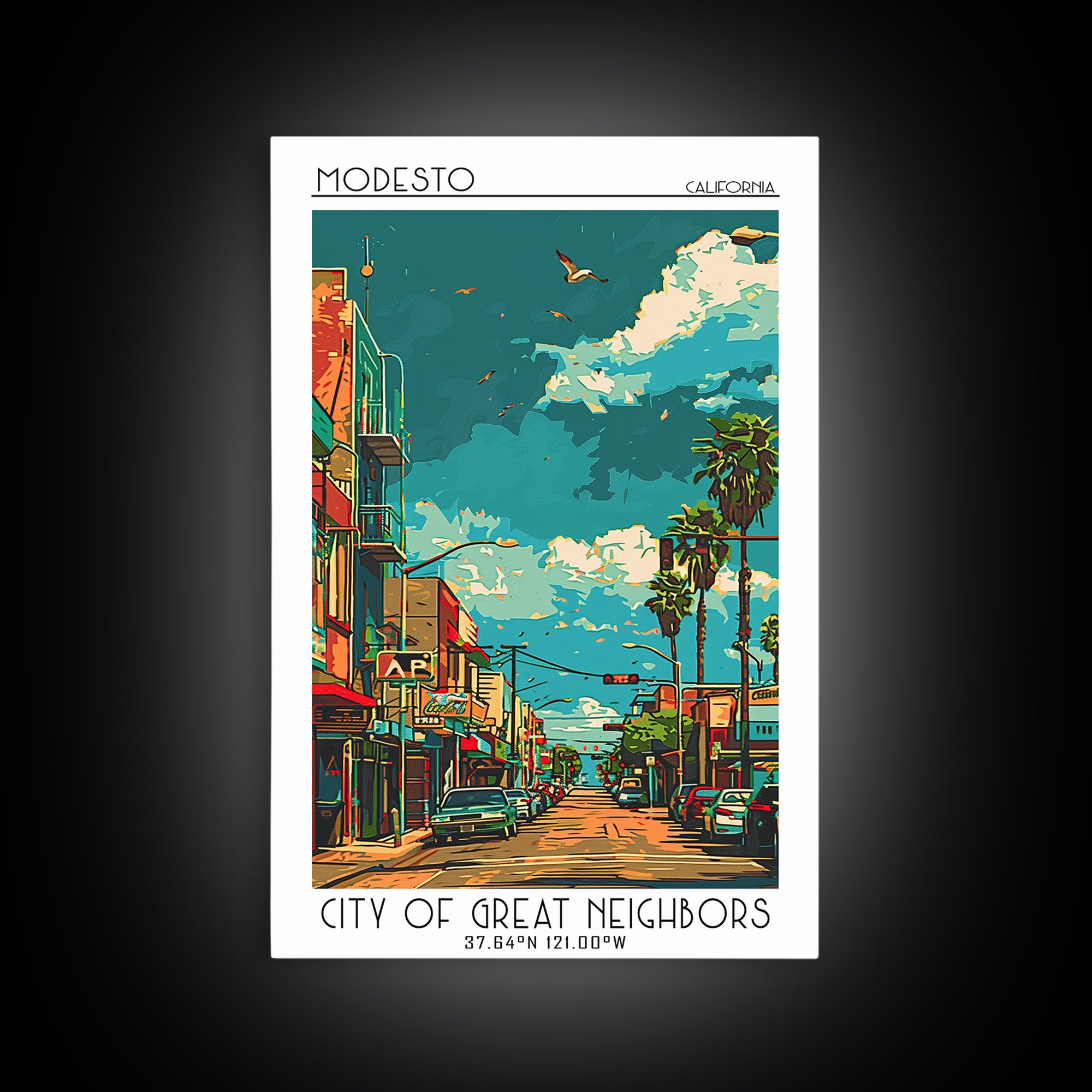 Modesto Travel Poster, Canvas Print, Travel Wall Art, City Wall Art, City Illustration, Travel Print, Vintage Poster, City Art Print