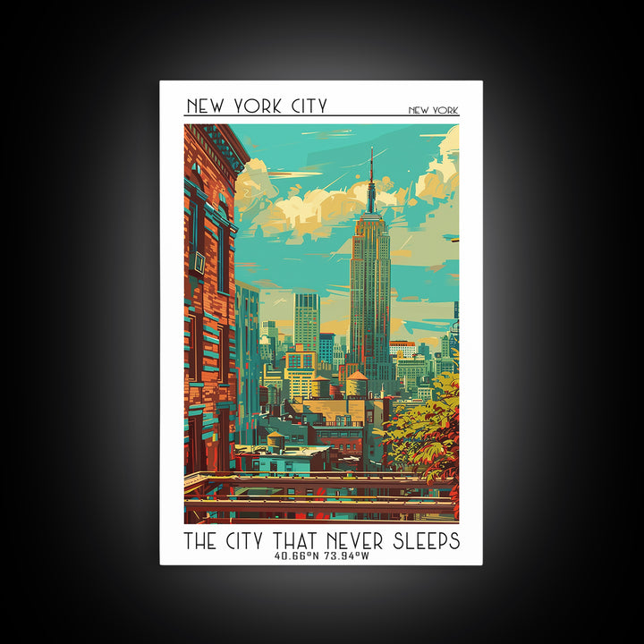 New York Travel Poster, Framed Canvas Print, Travel Wall Art, City Wall Art, Retro Wall Art, Mid Century Wall Art, Colorful Wall Art