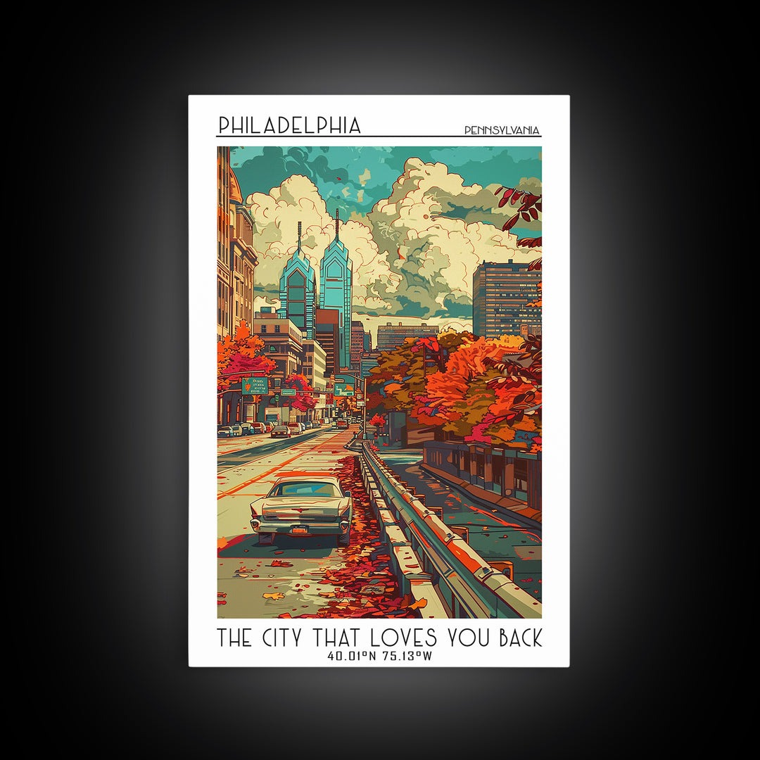 Philadelphia Travel Poster, Framed Canvas Print, Retro Wall Art, Travel Print, Travel Wall Decor, City Wall Art, Retro Travel Poster