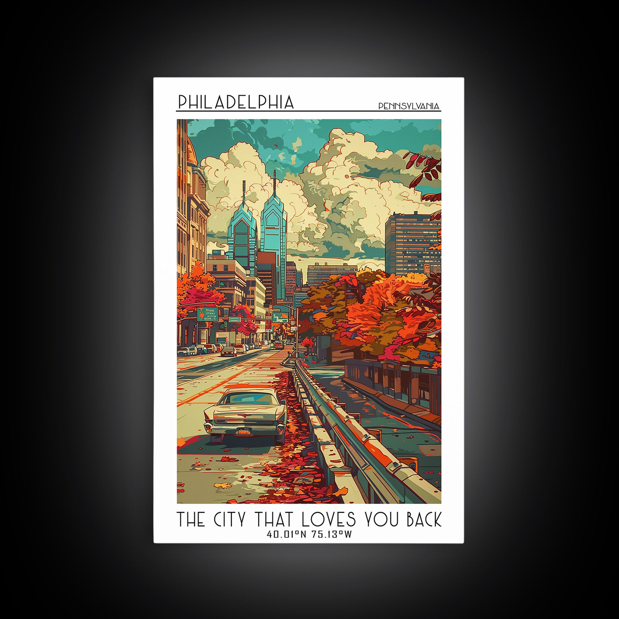 Philadelphia Travel Poster, Framed Canvas Print, Retro Wall Art, Travel Print, Travel Wall Decor, City Wall Art, Retro Travel Poster