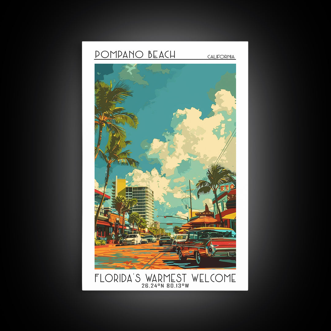 Pompano Beach Travel Poster, Framed Canvas Print, Travel Wall Art, City Wall Art, Vintage Poster, Vintage Travel Art, Travel Posters