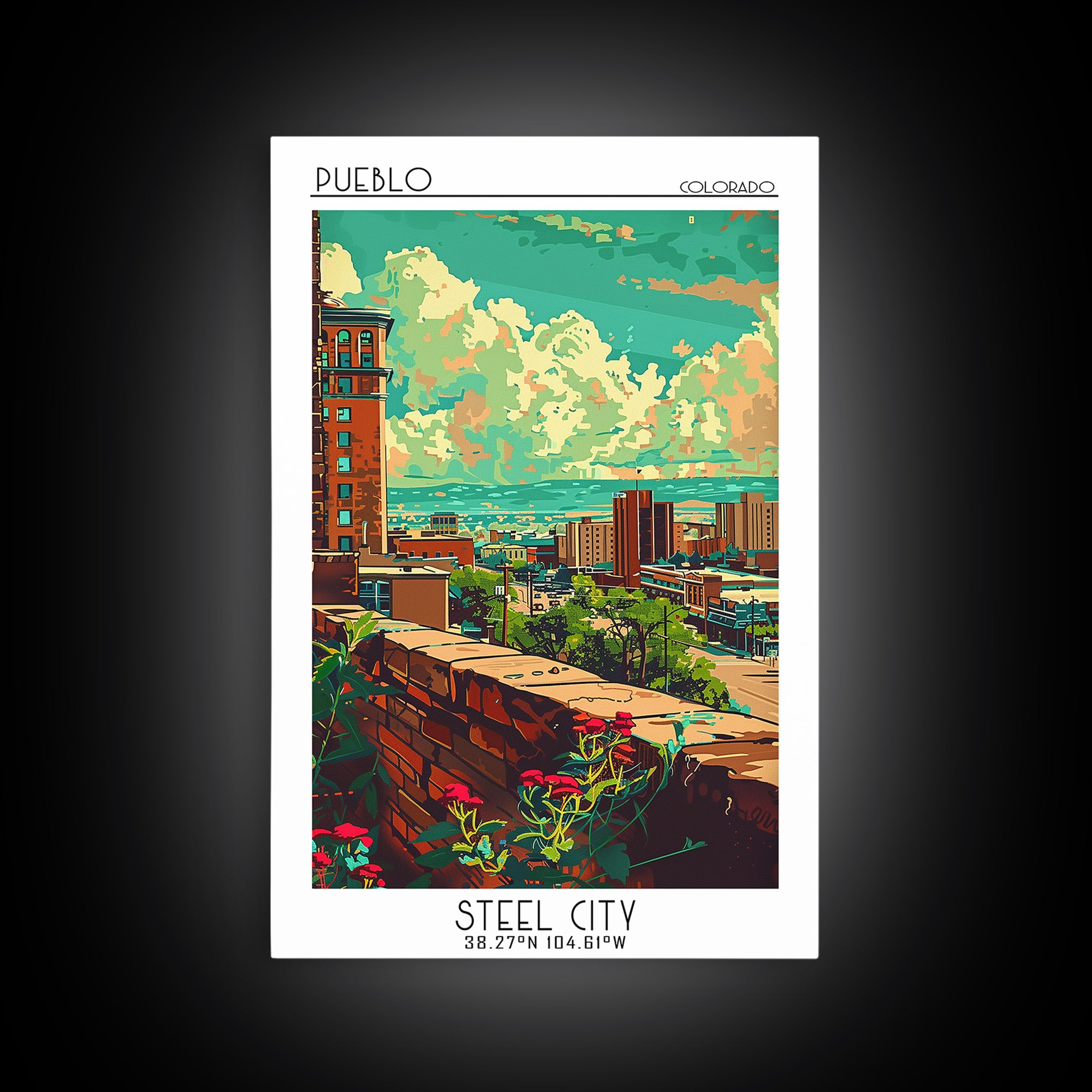 Pueblo Travel Poster, Framed Canvas Print, Retro Wall Art, Travel Print, Home Decor, Watercolor Cityscape, Wall Art, Wanderlust Gift