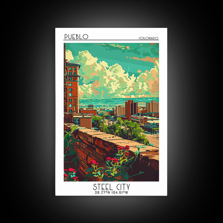Pueblo Travel Poster, Framed Canvas Print, Retro Wall Art, Travel Print, Home Decor, Watercolor Cityscape, Wall Art, Wanderlust Gift